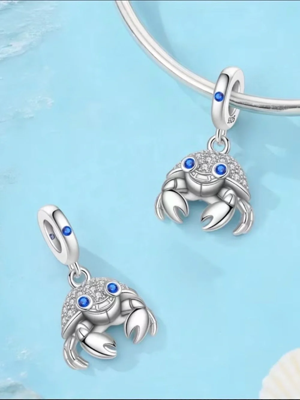 🦀 925 Sterling Silver Blue Crab Dangle Charm CZ Pavé